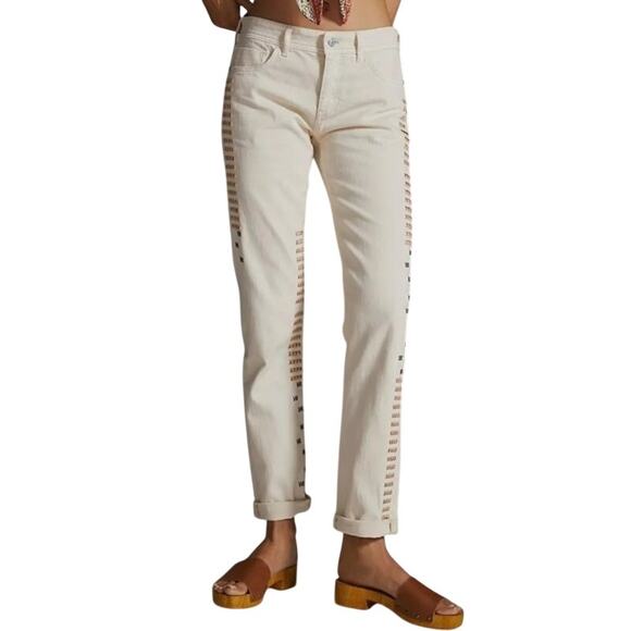 Pilcro Embroidered Jeans Anthropologie Boyfriend Mid Rise Cream - Picture 14 of 14
